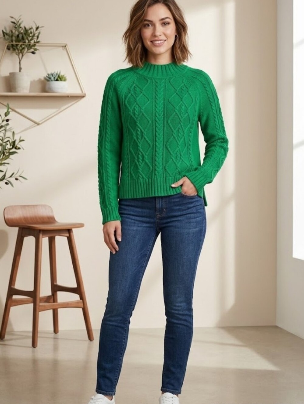GAP Green Cable Knit Mock Neck Sweater XS Petite 100% Cotton EUC